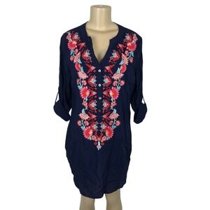 Anthropologie Solitaire Floral Embroidered Tunic Top Size M Long Navy Boho Artsy